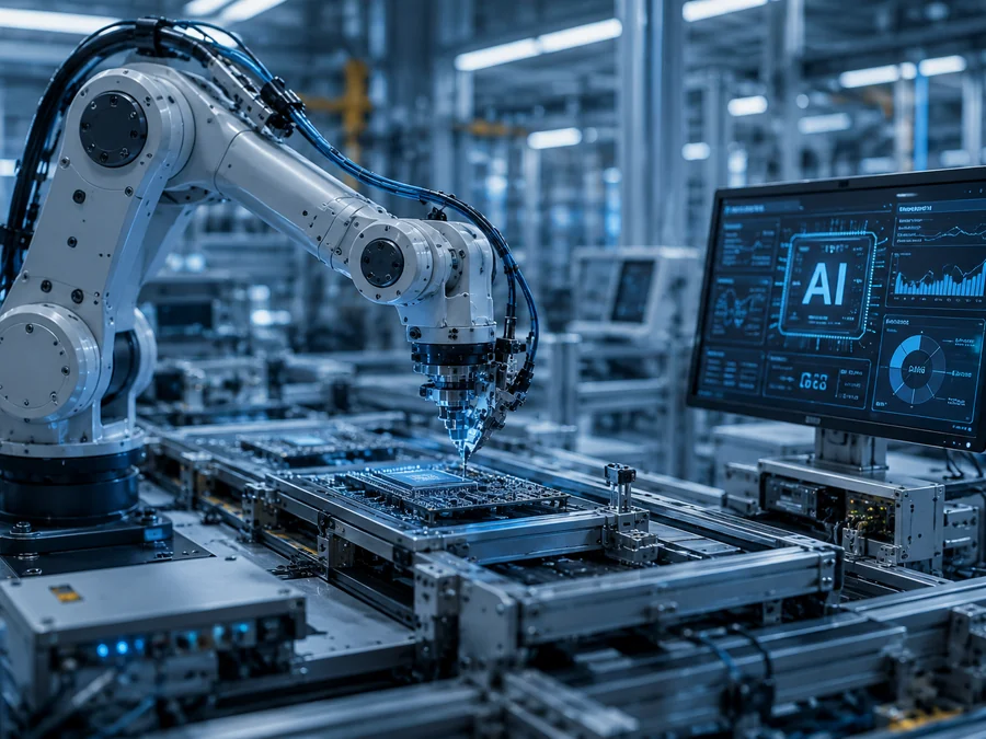 A robotic arm assembling a circuit board beside a monitor running an AI analytics dashboard.