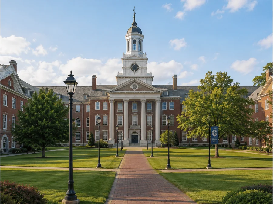 A university quad at golden hour, brick halls flanking a colonnaded building with a white clock tower.