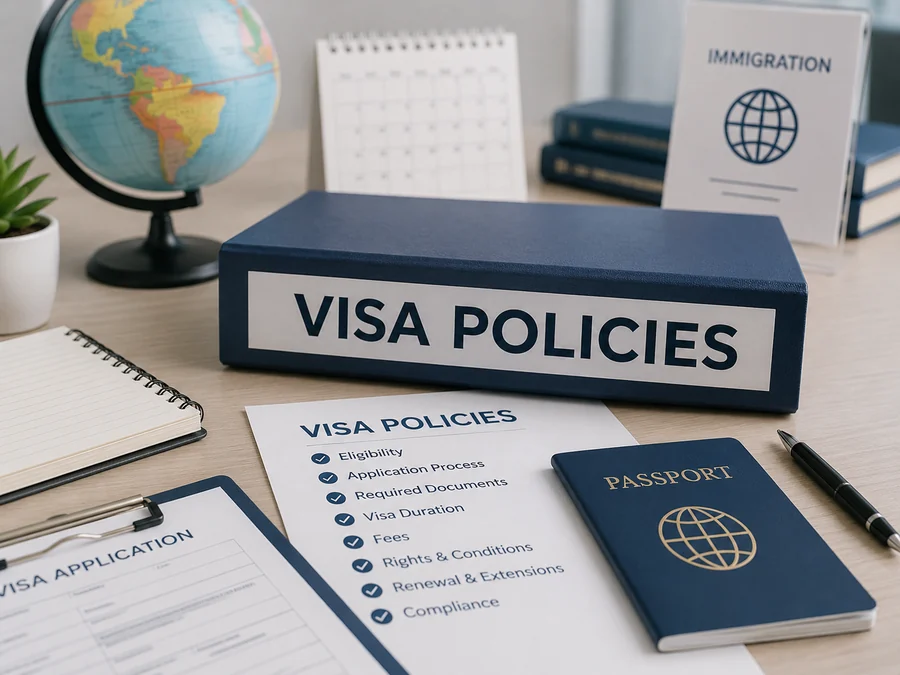 A desk of visa paperwork: a Visa Policies binder, a passport, an application form and a globe.