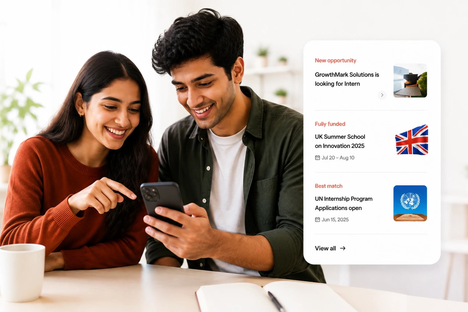 Two students looking at a phone together as personalised opportunities arrive in their MATTERS feed: an internship, a fully funded UK summer school and a UN internship programme.