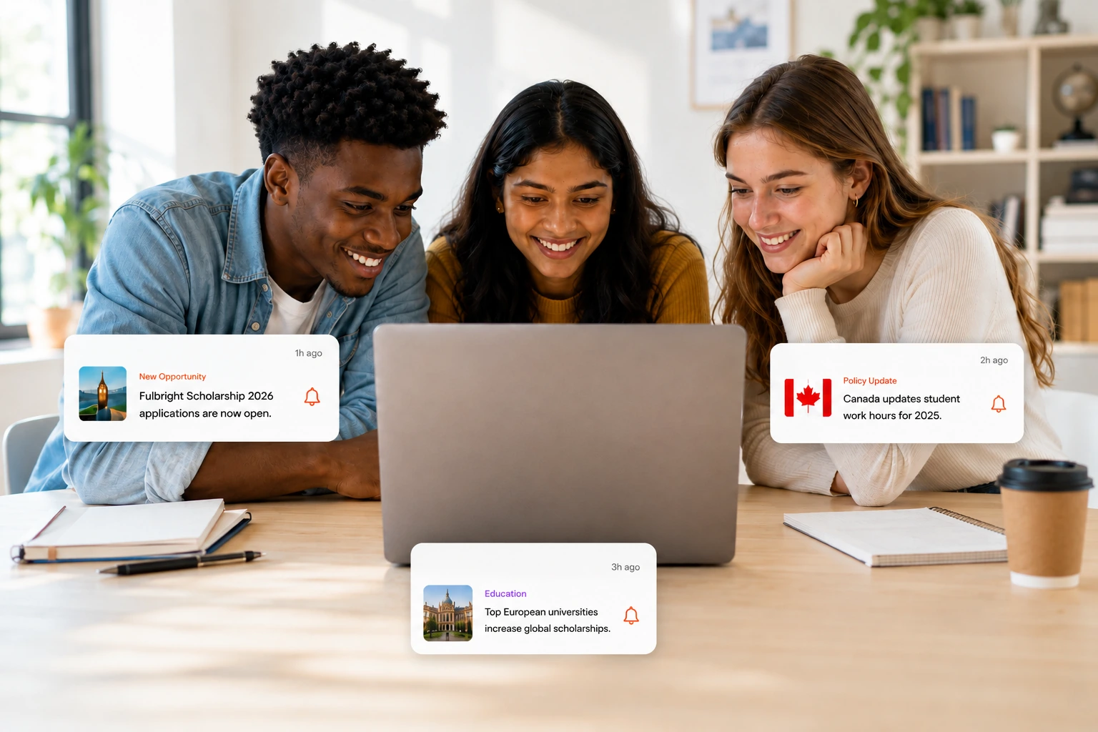 Three students watching a laptop together as Matters notifications arrive: Fulbright Scholarship 2026 applications opening, Canada updating student work hours, and top European universities increasing global scholarships.